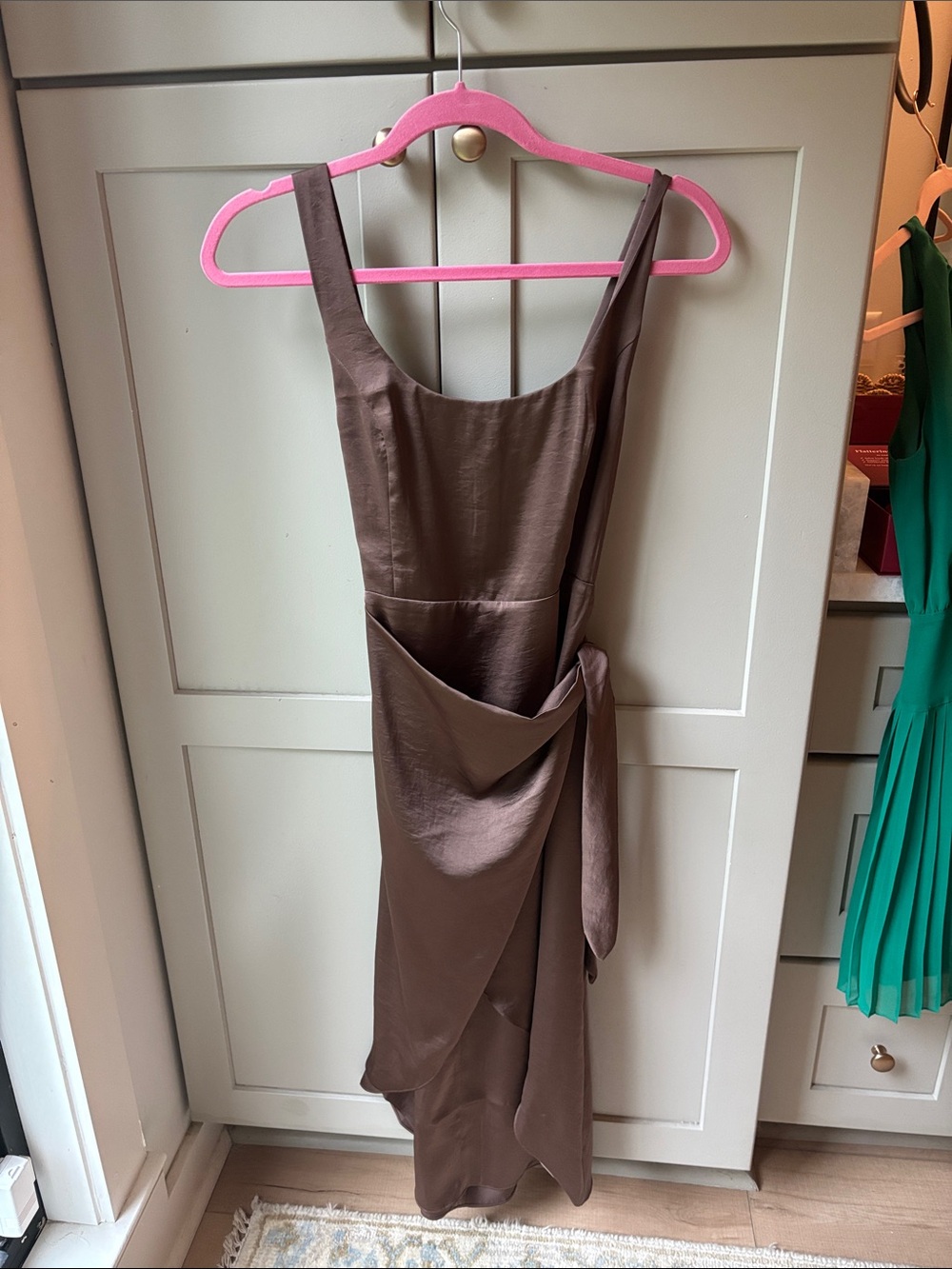 Aritzia Chocolate Brown Satin Midi Dress with Draped Side Tie